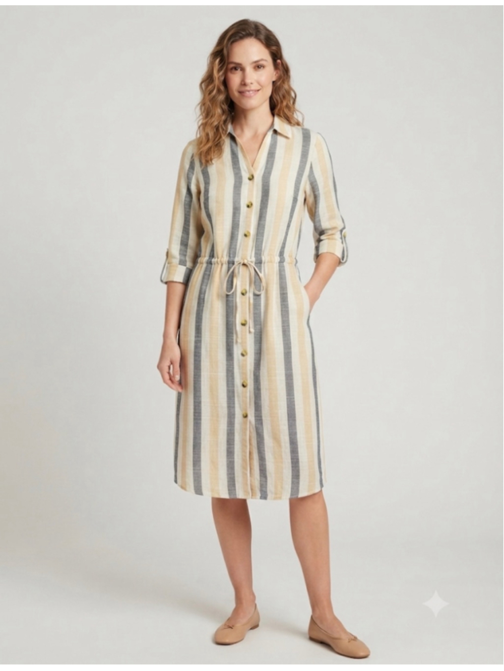 Mila Gabrielle Midi Dress Size M Beige Grey Striped Button Down
